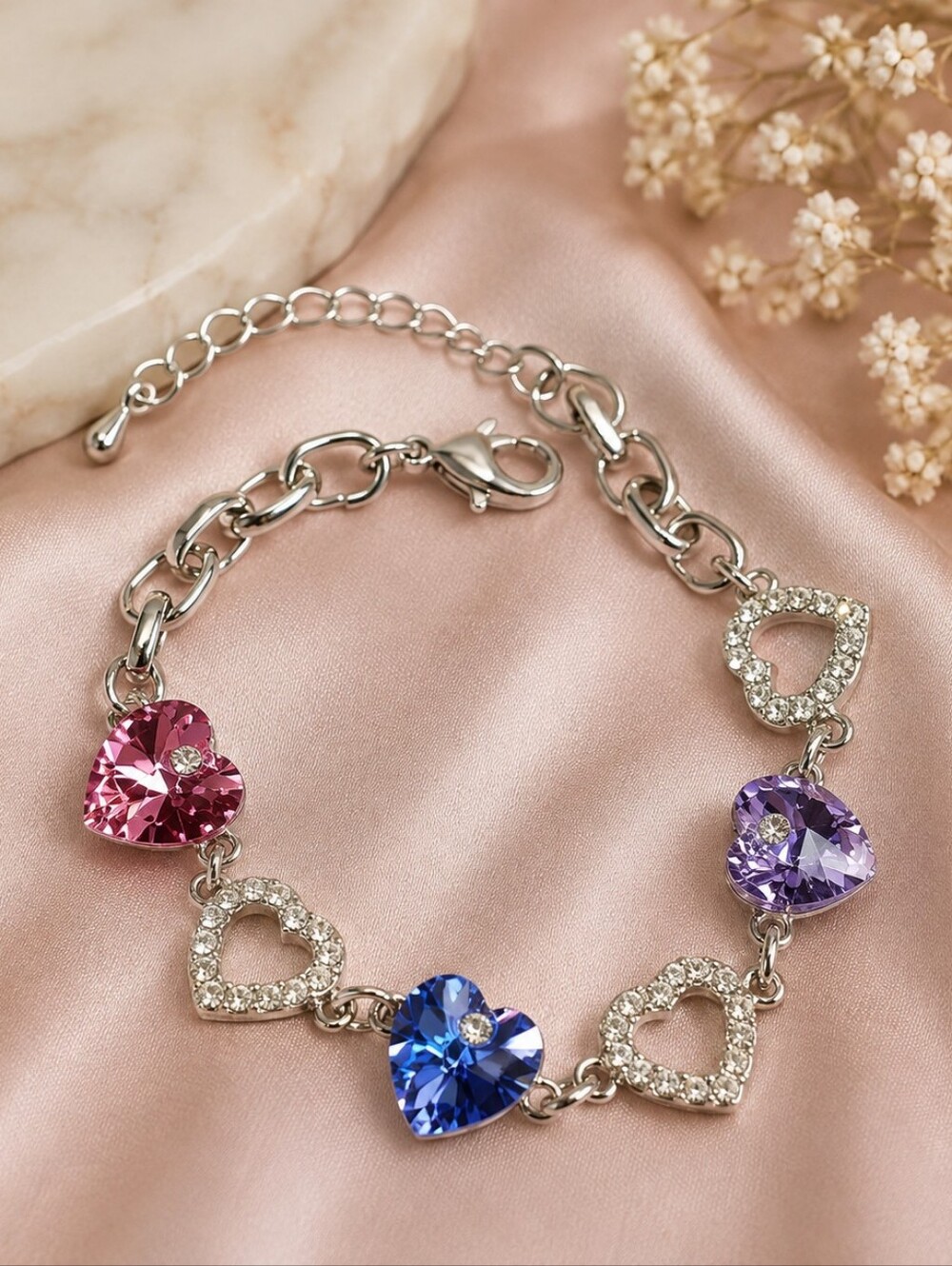 Swarovski Heart Link Bracelet with Pink, Blue and Purple Crystal Hearts